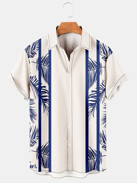 

Men's Striped Palm Tree Print Casual Breathable Short Sleeve Shirt, Apricot, Men's Floral shirt