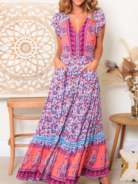 

Boho Tribal V Neck Short Sleeve women Dress, Multicolor, Dresses