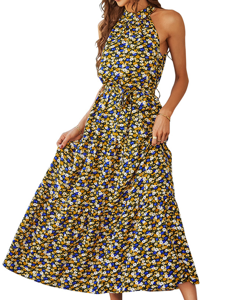 

Sexy floral Halter Regular Fit Sleeveless beach women Dress, Black, Floral Dresses