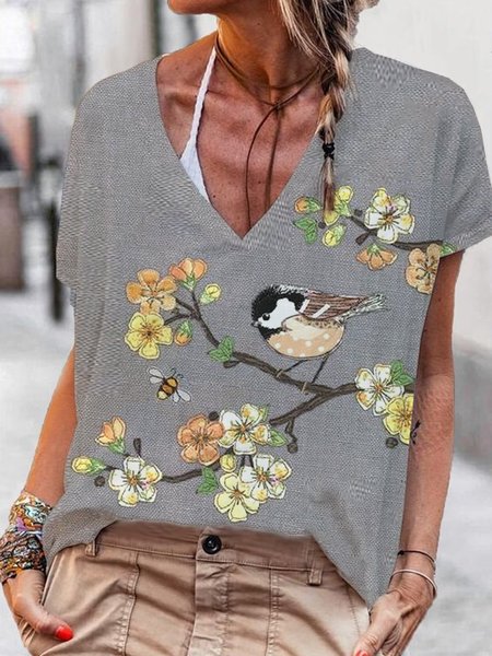 

Casual Floral Loosen Cotton Blends Loosen Animal Short Sleeve Tops, Gray, T-Shirts
