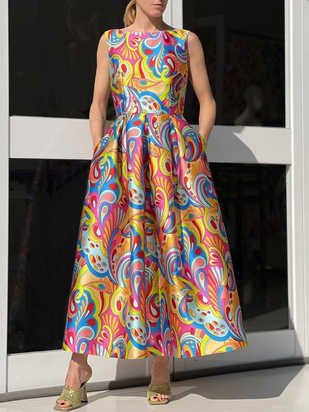 

Crew Neck Abstract Elegant Short Sleeve Woven Dress Wedding, Multicolor, Maxi Dresses