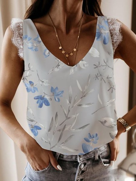 

Casual Floral Printed Sleeveless Tops, Gray, Tanks & Camis