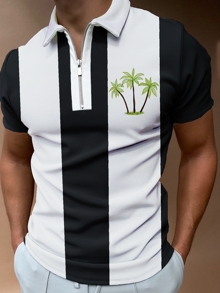 

Resort Style Hawaiian Series Coconut Tree Geometric Stripe Elements Lapel Short-Sleeved Polo Top, Black-white, Men's t-shirts