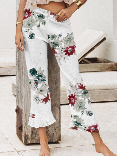 

Casual Floral Loosen Pants, White, Pants