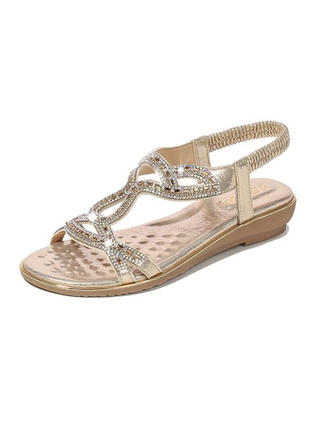 

JFN Rhinestone Cutout Casual Elastic Flat Sandals, Golden, Sandals
