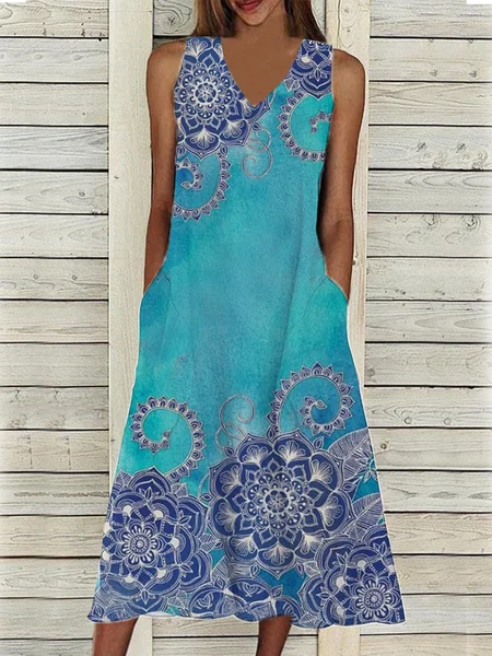 

Leisure vacation national style cashew blossom gradient A-type dress long Plus Size, Cyan, Dresses