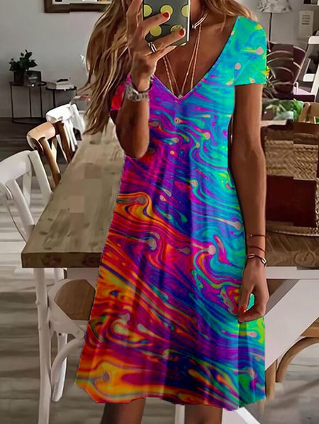 

Casual V Neck Loosen Short Sleeve Knit Dress, Multicolor, Dresses