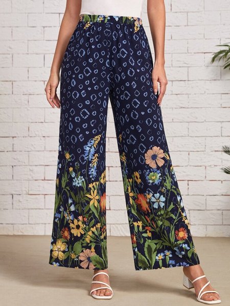 

Floral Casual Cotton Blends Loosen Pants, Blue, Pants