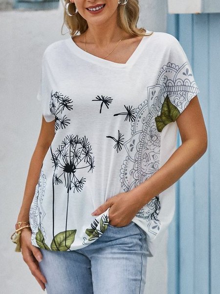 

Loosen Casual Floral Short Sleeve Tops, White, T-Shirts
