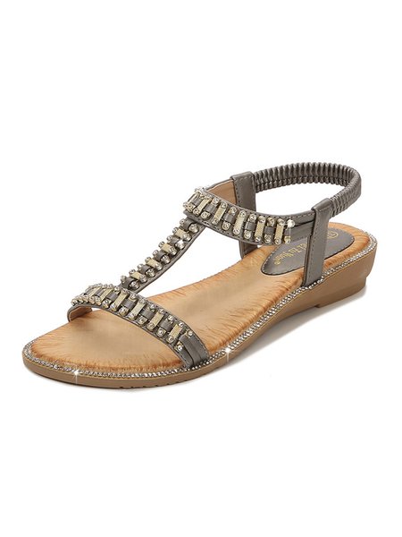 

Rhinestone PU Leather Trim Elastic Beach Sandals, Gray, Sandals