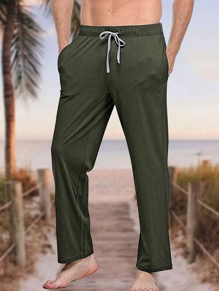 

Men's Cotton Linen Style Elastic Waist Casual Pants, Green, Pants