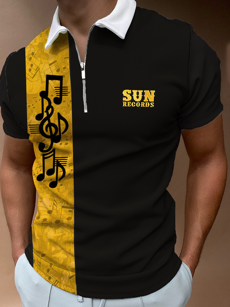 

Casual Music Series Notes Geometric Stripes Lapel Short Sleeve Polo Top, Black, Men's t-shirts