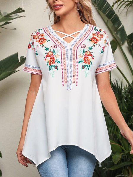 

Floral Cotton Blends Casual V Neck Short Sleeve Tops, White, T-Shirts
