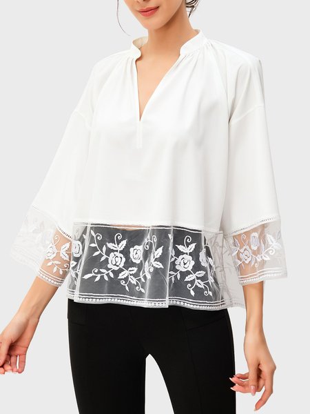 

Elegant Henley Loosen Solid Three Quarter Top, White, Tops