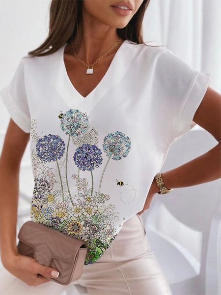 

V neck Floral Casual Short Sleeve Tops, White, T-Shirts
