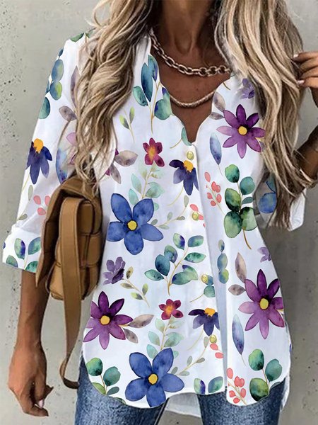 

3/4 Sleeves Floral V Neck Plus Size Casual Shirts, Multicolor, Blouses&Shirts