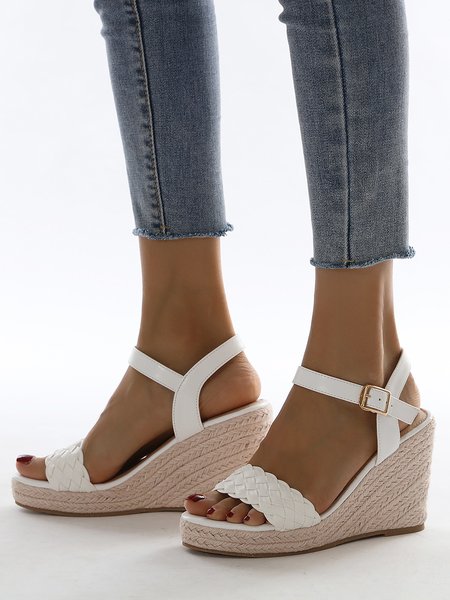 

JFN Casual Urban Style Woven Upper Adjustable Wedge Sandals, White, Sandals