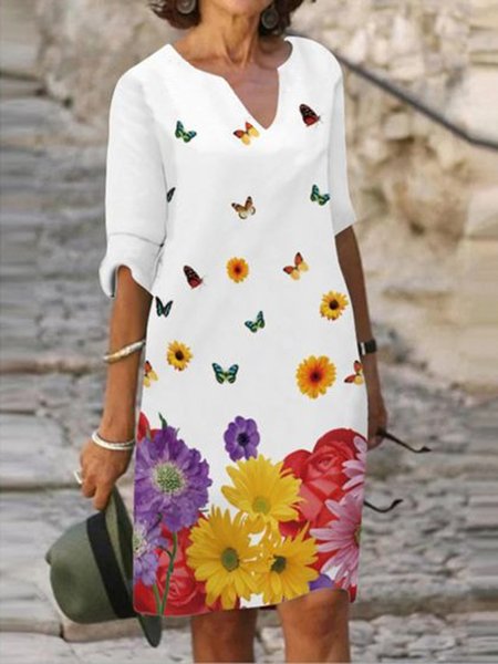 

Casual Floral V Neck Loosen Half Sleeve A-line Dress, White, Mini Dresses
