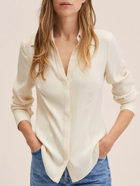 

Shirt Collar Loosen Simple Long Sleeve Blouse, Beige, Blouses and Shirts