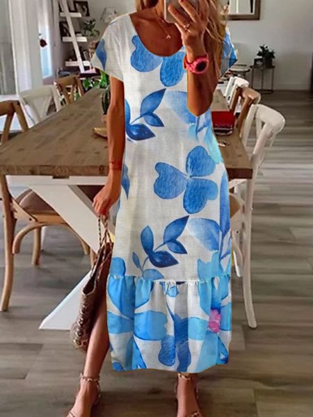 

Regular Fit Floral Crew Neck Short Sleeve Knit Dress, White, Maxi Dresses