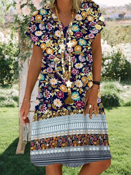 

Boho Tribal V Neck Loosen Short Sleeve women Dress, Dark blue, Dresses