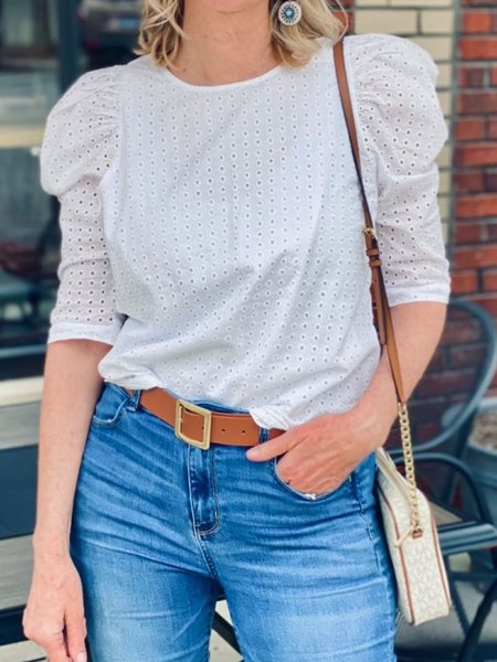 

Crew Neck Casual Short Sleeve Top, White, Tops