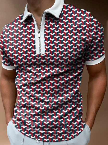 

Casual Art Collection Geometric Color Block Lapel Short Sleeve Polo Top, Red, Polos