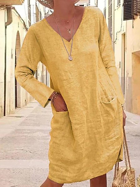 

Solid Vacation V Neck Long Sleeve Women Dress, Yellow, Mini Dresses