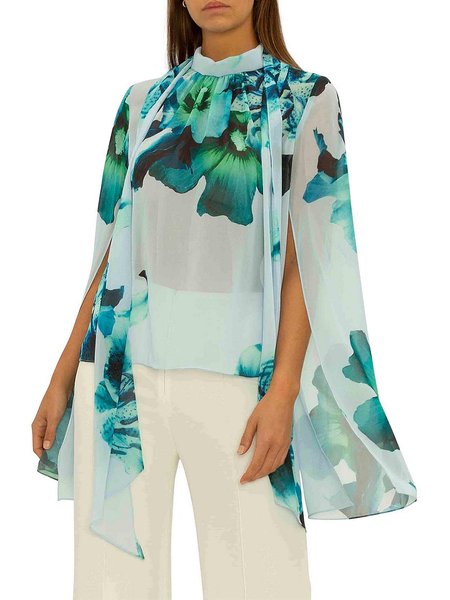 

Elegant Stand Collar Regular Fit Floral Long Sleeve Top, Green, Tops