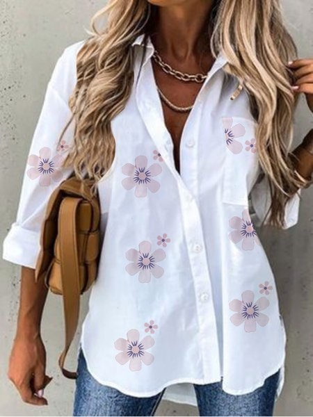 

Casual Floral Long Sleeve Shirt Collar Plus Size Printed Blouses, White, Blouses & Shirts