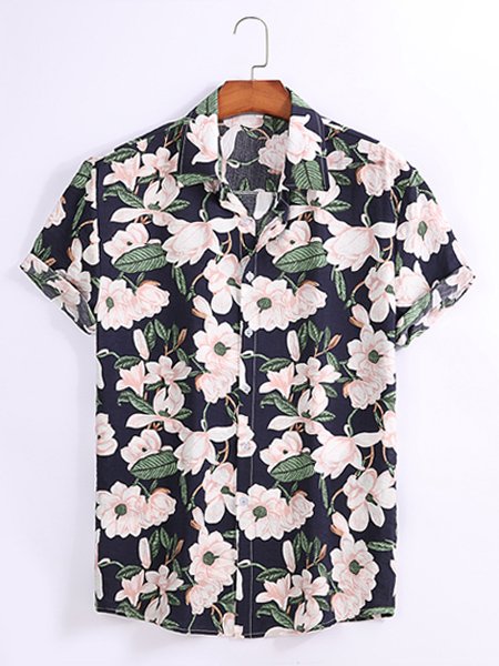 

Men's Casual Hawaiian Resort Style Short Sleeve Printed Shirt, Purplish blue, Men's Floral shirt