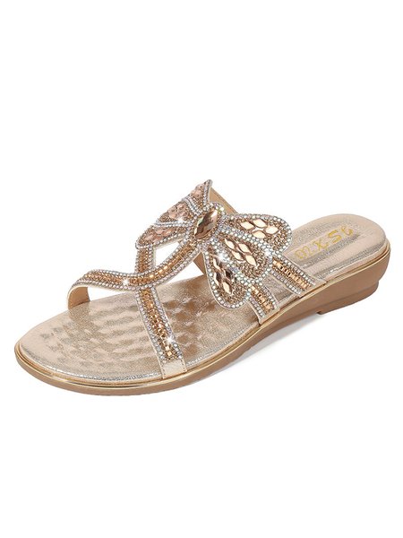 

JFN Rhinestone Dragonfly Wedge Vacation Slippers, Golden, Women Shoes>>Women's Shoes>>Women sandals Slippers