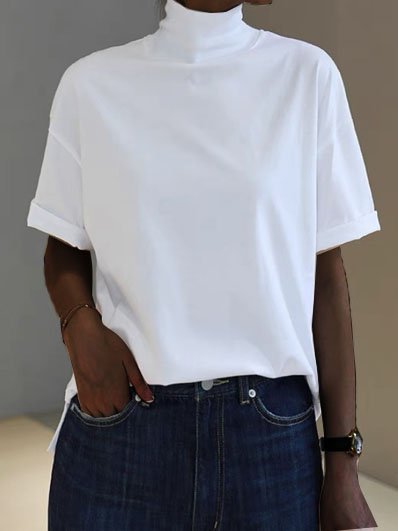 

Basics Stand Collar Short Sleeve T-Shirt, White, Tees