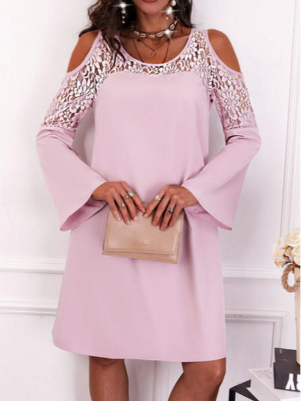 

Plain Crew Neck Vacation Long Sleeve Women Dress, Pink, Dresses