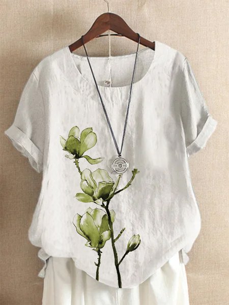 

Casual Regular Fit Short Sleeve Green Floral Round Neck Tops, White, T-Shirts