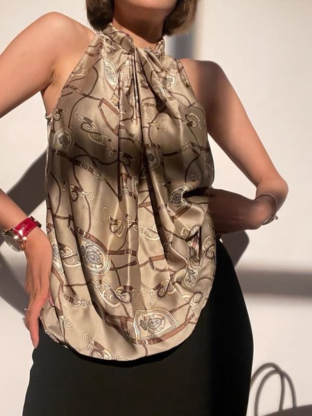 

Stand Collar Simple Regular Fit Sleeveless Top, Light brown, Tunics