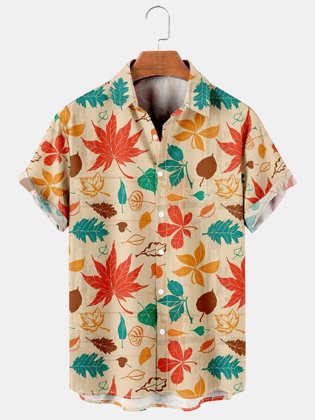 Mens Maple Leaf Print Casual Breathable Hawaiian Short Sleeve Shirt, Light khaki, Men's Floral shirt