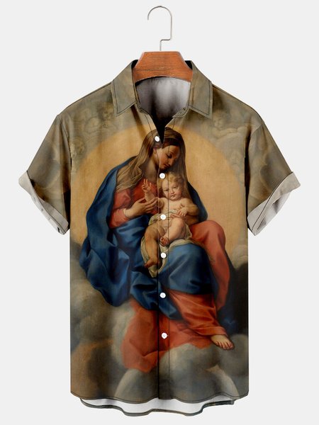 

Mens Madonna Print Casual Breathable Short Sleeve Shirt, Khaki, Men's Floral shirt