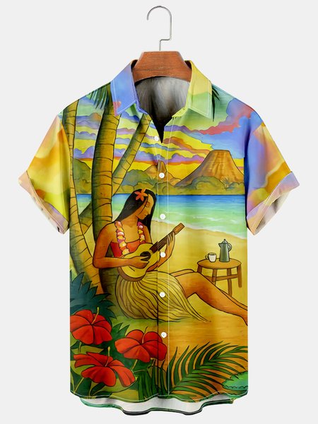 

Mens Hula Beauty Print Casual Breathable Hawaiian Short Sleeve Shirt, Yellow, Men's Floral shirt