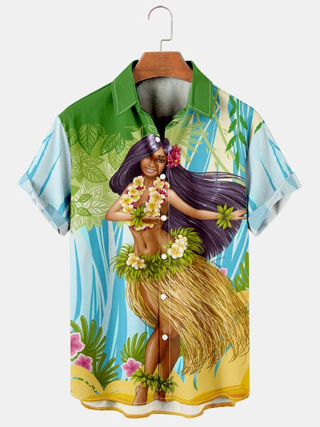 

Mens Hula Beauty Print Casual Breathable Hawaiian Short Sleeve Shirt, Green, Men's Floral shirt