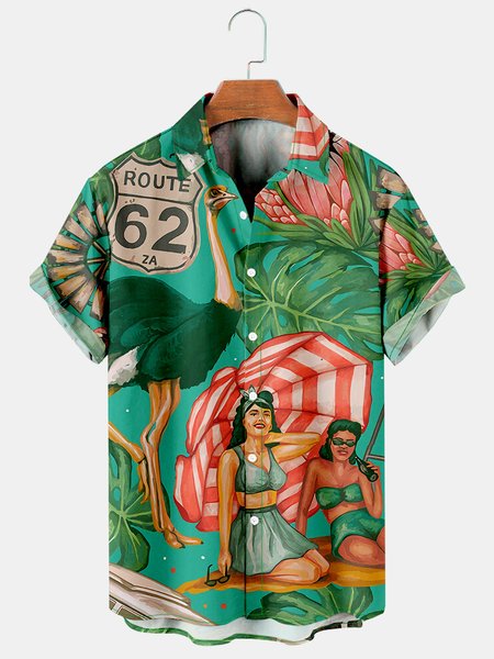 

Mens Hula Beauty Print Casual Breathable Hawaiian Short Sleeve Shirt, Green, Men's Floral shirt