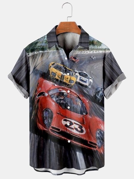 

Men's Racing Print Casual Breathable Short Sleeve Shirt, Gray, Men's Floral shirt