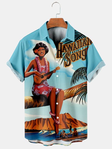 

Mens Hula Beauty Print Casual Breathable Hawaiian Short Sleeve Shirt, Blue, Men's Floral shirt