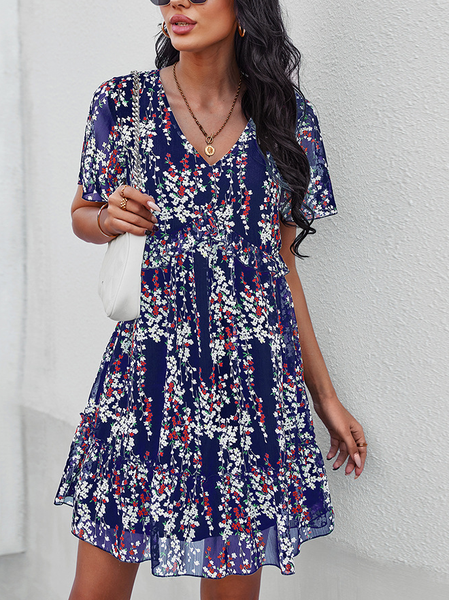 

Regular Fit Vacation floral V Neck Short Sleeve women Dress, Navyblue, Floral Dresses