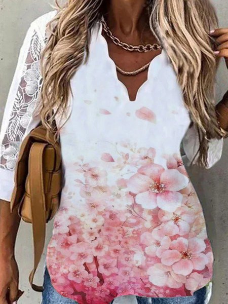 

Floral Loosen Casual Long Sleeve Tops, White, Tops