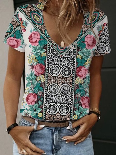 

Casual Tribal Print V Neck Short Sleeve T-Shirt, Multicolor, T-Shirts