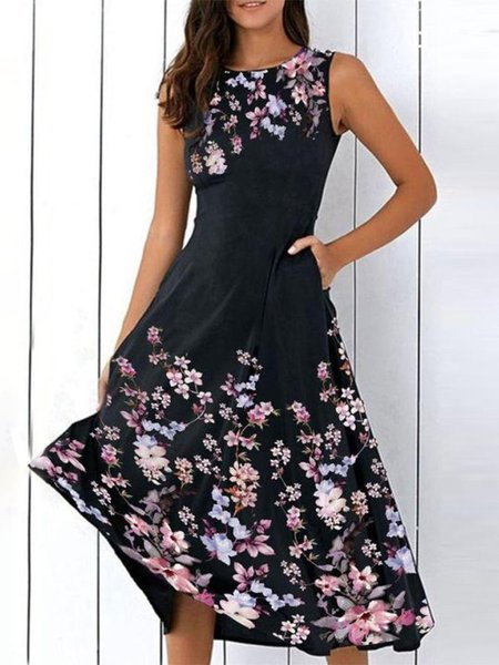

Casual Regular Fit Floral Sleeveless Knit Dress, Black, Midi Dresses