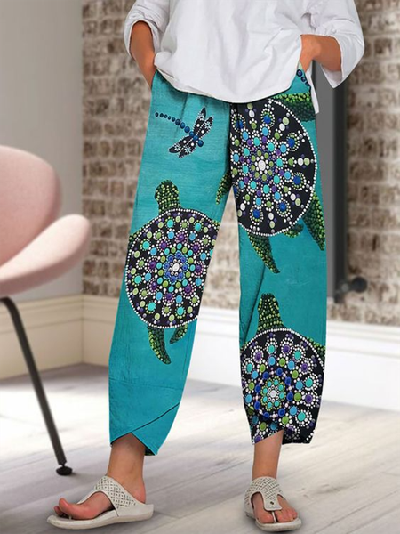 

Green Turtle Print Elastic Waist Casual Ninth Pants, Pants