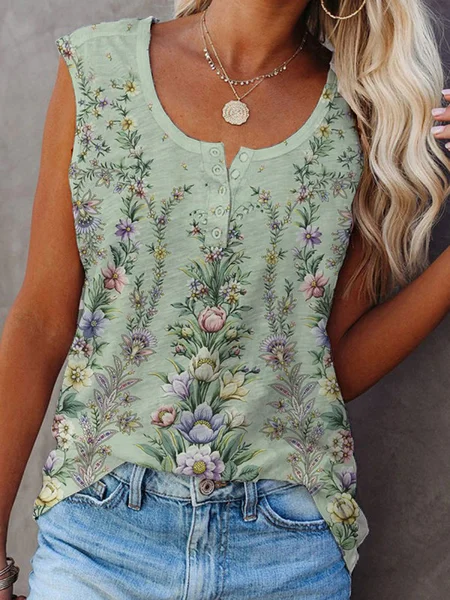 

JFN Round Neck Floral Vacation Top, Green, Tanks & Camis