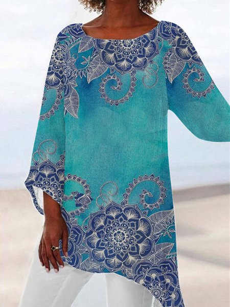 

Tribal folk flower gradient loose Pullover Top Plus Size, Cyan, Long sleeve tops